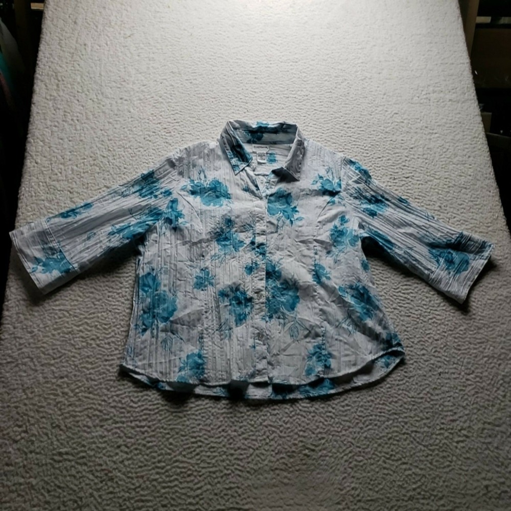 BonWorth Button Up Shirt Womens Petite PXL Blue Floral Collared 3/4 Sleeve Top